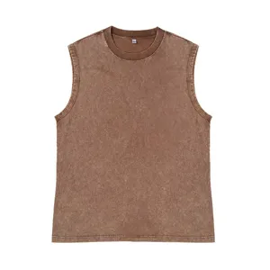 Detail view of the vintage washed brown sleeveless tank top, featuring a classic crew neck.