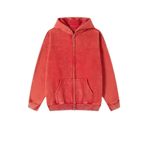 Vintage washed full zip hoodie, retro loose fit hooded sweatshirt with double zipper detail.