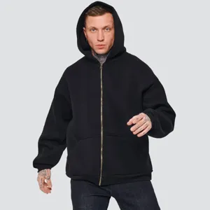 Heavyweight black full zip hoodie for men, loose fit casual outerwear street fashion