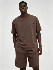 Men distressed washed short sleeve t-shirt and shorts set oversize casual wear style.