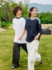 Unisex heavy cotton loose drop-shoulder color-block short sleeve t-shirt for summer casual wear.