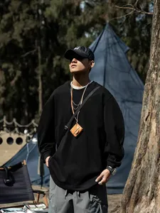 Maglietta uomo pesante manica lunga oversize casual tinta unita larga hip hop top nero