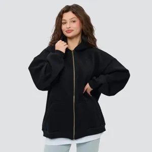 Women black zip-up hoodie casual loose heavy sweatshirt with hood and metal zipper autumn winter.