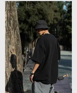 Heavyweight 350g cotton oversized short sleeve t-shirt and bucket hat set, casual solid color.