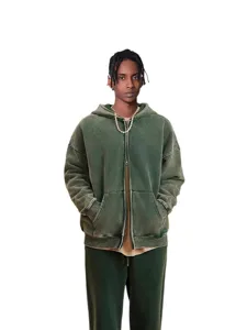 Men's American Retro Washed Fleece Lined Zip Up Hoodie Loose Casual Drop Shoulder Hooded Sweatshirt Winter Outerwear