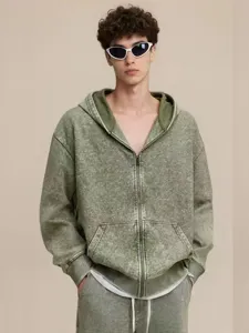 Men's Heavyweight Fleece Full Zip Hoodie Vintage Washed Distressed Oversized Casual Cotton Blend Long Sleeve Hooded Sweatshirt