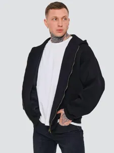 Men's heavyweight zip-up hoodie in black, casual loose fit streetwear jacket for autumn.