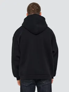 Men's heavy black hooded sweatshirt, loose casual streetwear autumn winter outerwear.