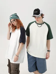 Color block raglan short sleeve t shirt casual loose oversize couple streetwear top for men