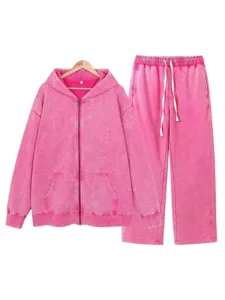 Vintage washed pink zip-up hoodie and sweatpants set for men, loose fit casual daily wear.