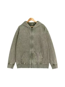 Vintage washed zip-up hoodie for men and women, loose fit casual hooded sweatshirt.