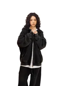 American vintage washed black zip-up hoodie oversized hoodie for men and women casual streetwear