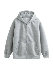 Classic grey zip-up hoodie for men and women, heavy casual outerwear with hood and front pockets.