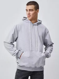 Detailed view of heavy solid color casual hooded sweatshirt with long drawstrings.