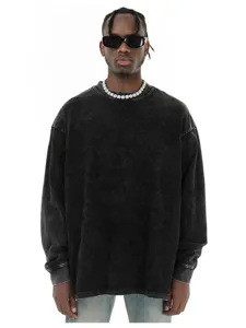 Men Vintage Distressed Washed Long Sleeve T-Shirt Casual Loose Fit Drop Shoulder Crew Neck Cotton Pullover Basic Top