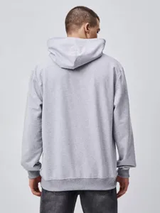 Back view of a solid grey heavy hooded sweatshirt, loose fit casual streetwear pullover.
