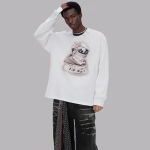 Retro vintage long sleeve t-shirt for men, oversized graphic print crewneck casual streetwear top.