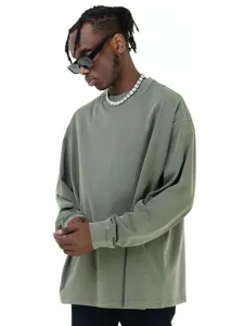 Vintage washed oversized long sleeve t-shirt detail, dark hip-hop style crewneck streetwear.