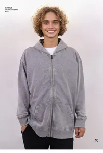 Heavyweight washed zip-up hoodie for men and women, vintage grey distressed streetwear top.
