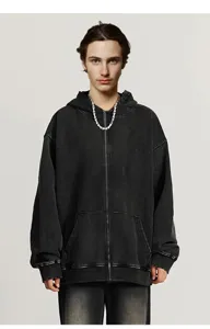 Heavy washed zip-up hoodie for men and women, American vintage distressed retro outerwear.