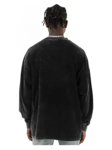 Back view detail of men vintage washed long sleeve t-shirt, dark aesthetic loose fit top.