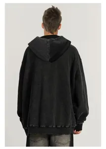 Vintage washed oversized hoodie for men and women, heavy fleece street style back view