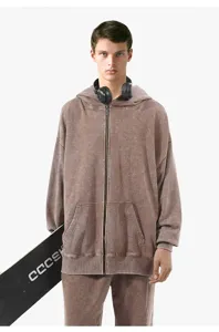 Detailed view of the vintage washed zip-up hoodie featuring heavy loopback texture and hood.
