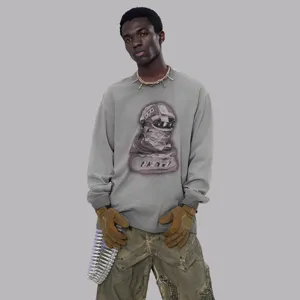 Men vintage grey long sleeve crewneck sweatshirt with tactical graphic streetwear style