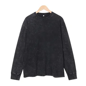 Detailed view of vintage distressed black long sleeve crewneck t-shirt for men casual loose style.