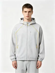 Grey waffle knit zip hoodie with yellow stitching detail, casual hooded jacket for men and women.