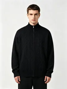 men's solid black stand-collar full-zip cable knit sweater cardigan detail view