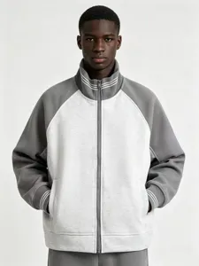 Grey white color block zip mock neck sweatshirt, loose fit retro casual streetwear top.