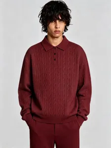 Suéter polo clásico de punto trenzado para hombre, estilo vintage, parte superior.