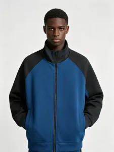 Men's Vintage Colorblock Zipper Stand Collar Hoodie Loose Casual Long Sleeve Sweatshirt Fall Winter Jacket Top