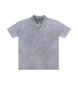 Vintage washed heavy short sleeve polo shirt oversized casual streetwear top for men.