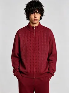 Men's stand collar zip-up knit cardigan, solid burgundy cable knit autumn winter sweater.