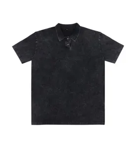Vintage washed short sleeve polo shirt, relaxed fit black streetwear tee detail view.