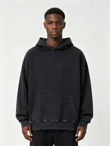Sweat à Capuche Unisexe Vintage Lavé en Coton Lourd Ample Décontracté Manches Longues Pullover