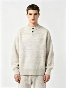 Herren Henley Kragen Strick Pullover in Haferflocken Farbe, bequeme Herbst Winter Basis.