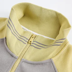 Close-up detail of color-block stand collar zip sweatshirt with striped trim design.