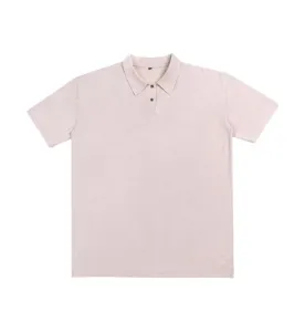 Detail shot of the washed heavy short sleeve polo shirt collar and buttons closeup view.