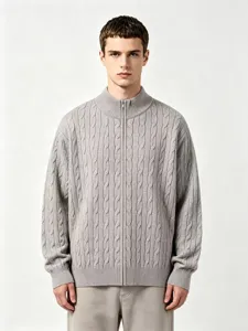 Men's Casual Stand Collar Full Zip Cable Knit Sweater Autumn Winter Solid Color Long Sleeve Pullover Knitwear Outerwear Top