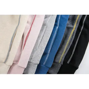 Detailed view of color options and contrast stitching for casual zipper hoodies detail.