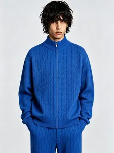 Men's blue cable knit full-zip stand-up collar sweater and pants fashion autumn knitwear.