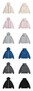 Casual zip-up hooded sweatshirt with contrast stitching, loose fit, multiple colors available.