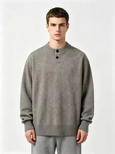 Grauer Herren Pullover mit Henley-Kragen langarm Strickpullover Winter Oberbekleidung