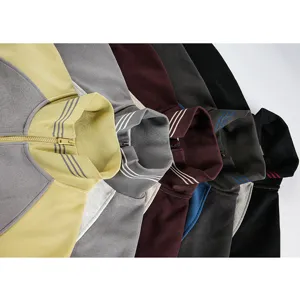 Detailed view of casual stand-up collar zip sweatshirt with stylish stripe collar design.