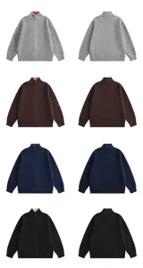 Gilet zippé en tricot gaufré pour homme, cardigan uni à col montant style décontracté automne hiver.
