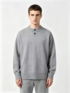 Herren grau einfarbig Henley Kragen Strickpullover langarm Winteroberteil casual chic