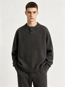 Herren Casual Henley Pullover Sweater Polyethylenfaser-Mischung Langarm Verdickt Einfarbig Neutral Strickware Top